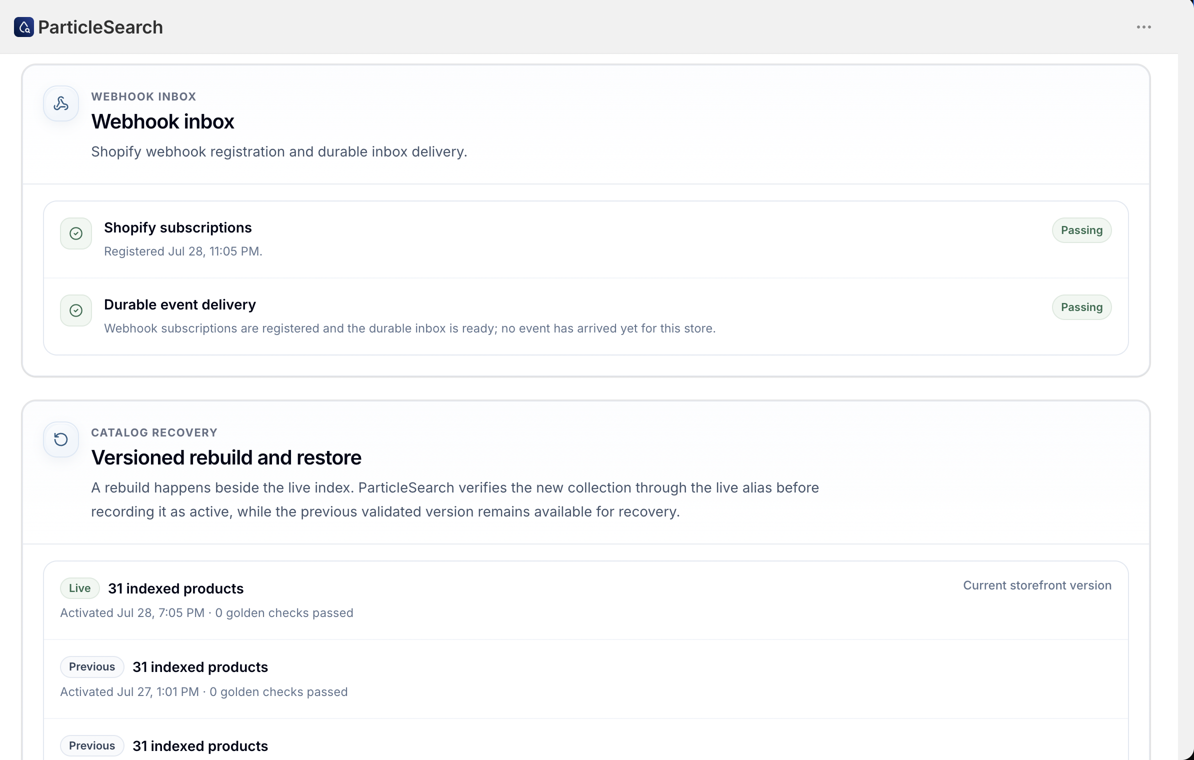 ParticleSearch webhook inbox and catalog recovery sections showing durable delivery and live and previous catalog versions